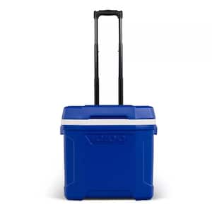 30 qt. Roller Cooler with Built-in Cup Holders, Retractable Handles and Wheels in Blue