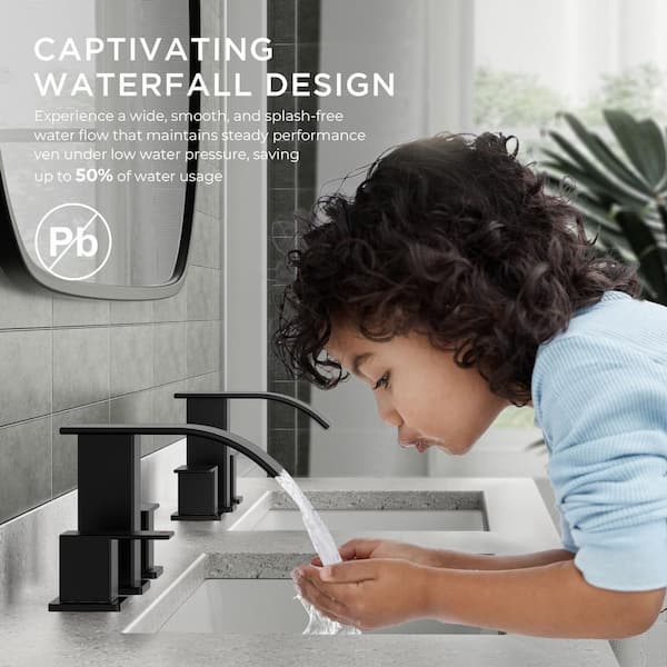 Double Handle 8 in. Widespread Bathroom Faucets with Metal Pop-up Drain in Black