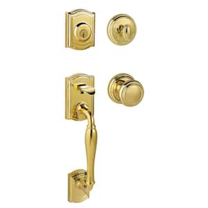 Prestige Wesley Single Cylinder Lifetime Polished Brass Door Handleset with Alcott Door Knob Featuring SmartKey Security