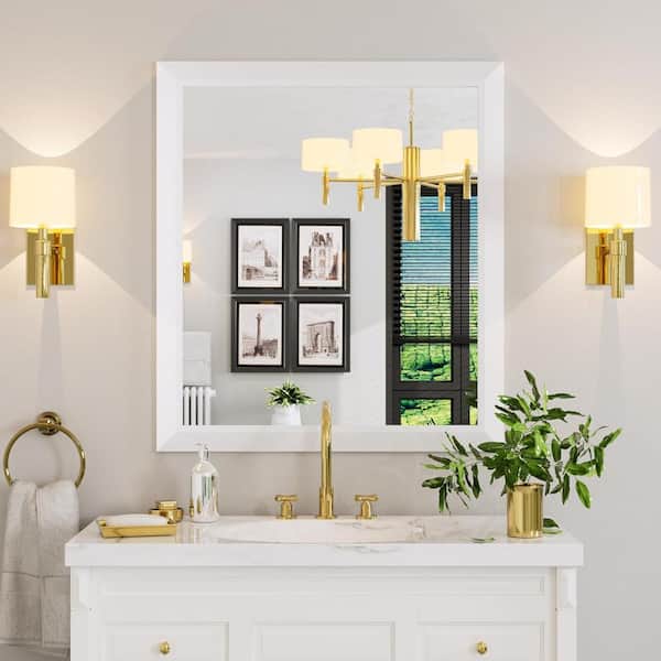 Apmir 32 in. W x 36 in. H Rectangular Aluminum Alloy Framed and Tempered Glass Wall Bathroom Vanity Mirror in Matte White
