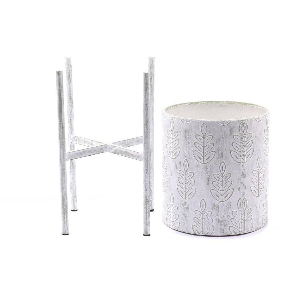 Elegant White and Sage Metal Leaf Embossed Planter Set with Stand