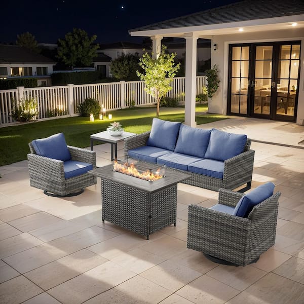 moosprr U-Frame 5-Piece Gray Wicker Fire Pit Conversation Set with Olefin Blue Cushions and Swivel Glider Chairs/Couch