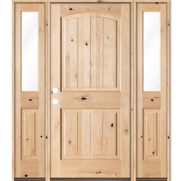 64 in. x 80 in. Knotty Alder Arch Top Right-Hand/Inswing Clear Glass Unfinished Wood Prehung Front Door w/ DHSL