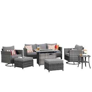 Hyperion 7-Piece Wicker Patio Rectangular Fire Pit Set and with Dark Gray Cushions and Swivel Rocking Chairs