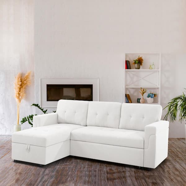 HOMESTOCK 84.64 in. Velvet L-Shaped Sleeper Sectional Sofa with Square Arms in. White, Reversible Chaise, and Pull-out Sofa Bed