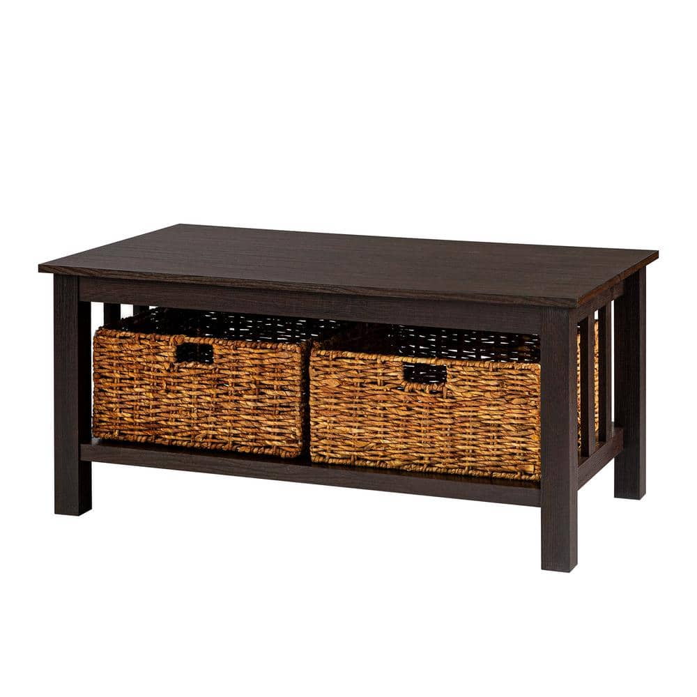 Espresso Elegance 40" Rectangular Coffee Table with Wicker Storage Baskets