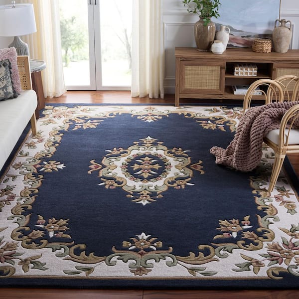 Aubusson 8 x 10 Dark Blue/Ivory Medallion Area Rug