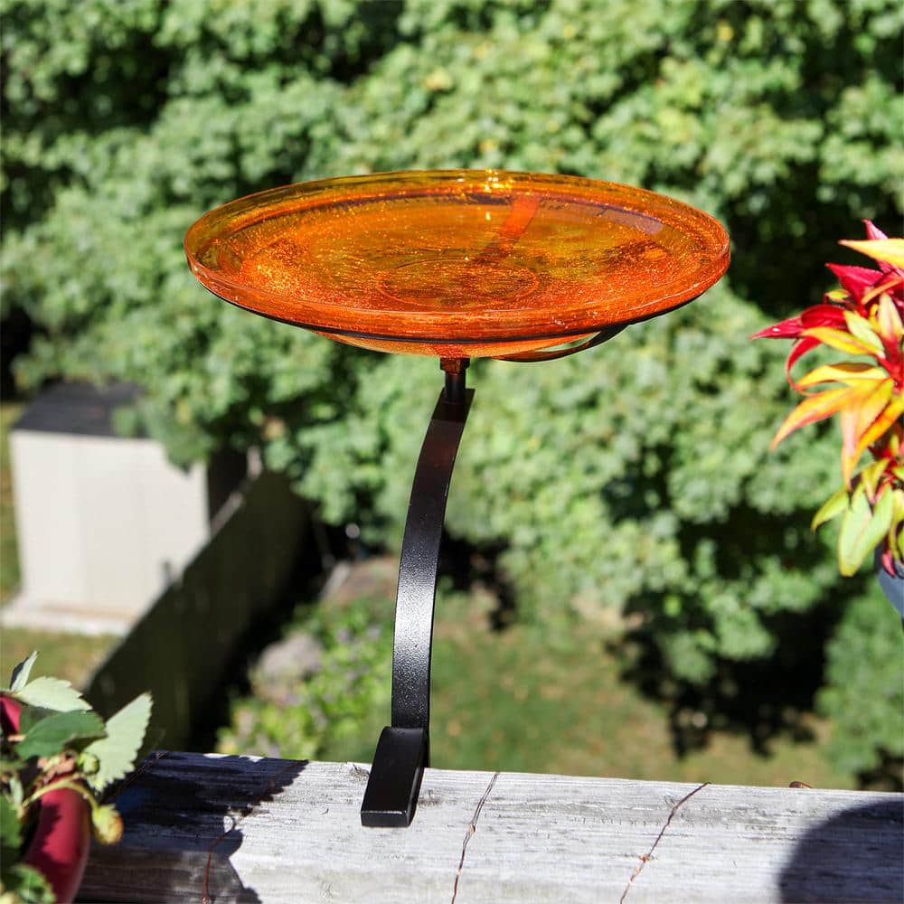 Mandarin Orange 14-Inch Hand Blown Crackle Glass Birdbath with Rail Mount