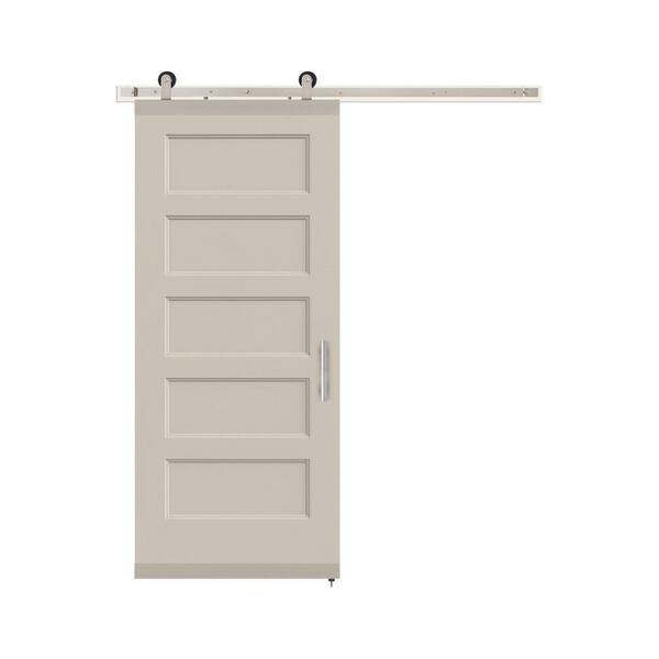 36 in. x 84 in. Conmore Primed Smooth Molded Composite MDF Barn Door with Modern Hardware Kit