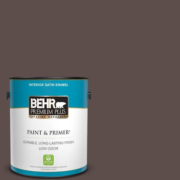 BEHR PREMIUM PLUS 1 gal. #ECC-28-3 Charred Hickory Satin Enamel Low Odor Interior Paint & Primer