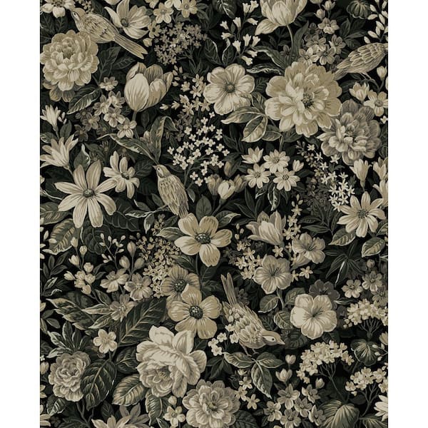 15.38 sq. ft. Ebony and Pale Fern Vintage Bird Garden Vinyl Peel and Stick Wallpaper Roll