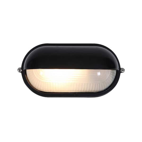 Nauticus 1-Light Black Outdoor Bulkhead Light with Frosted Glass Shade