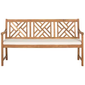 Bradbury 60.6 in. 3-Person Teak Brown Acacia Wood Outdoor Bench with Beige Cushions