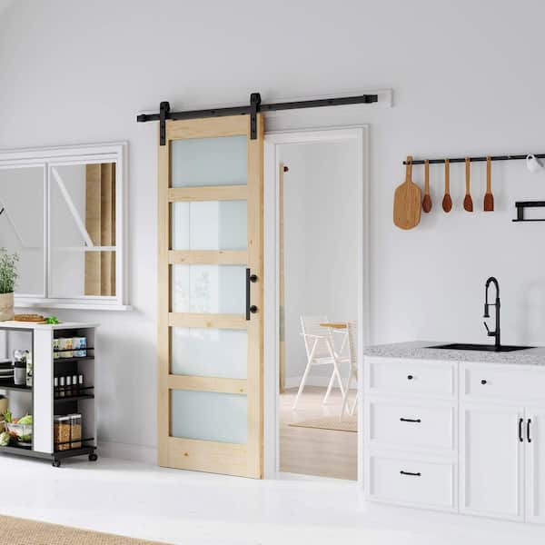 32 in. x 84 in. 5-Lite Tempered Frosted Glass Solid Core Spruce Wood Sliding Barn Door with Hardware Kit