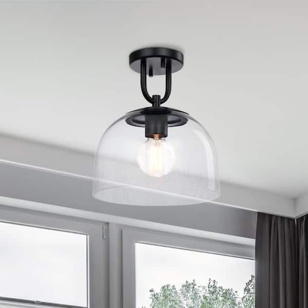 Designers Fountain Astra 11.75 in. Matte Black Modern Semi-Flush Mount with Clear Ice Glass Shade for Hallways