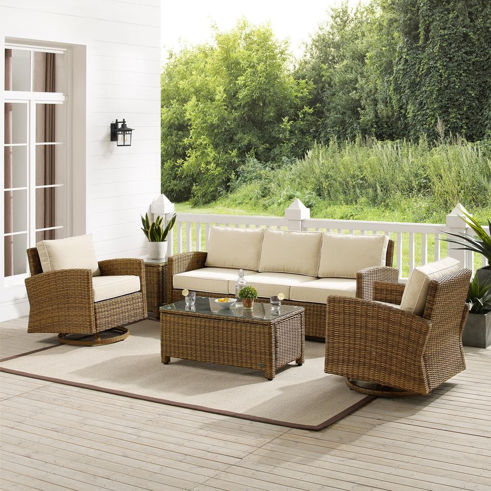 Bradenton Weathered Brown 5-Piece Outdoor Sofa & Swivel Rocker Set with Glass Top Tables