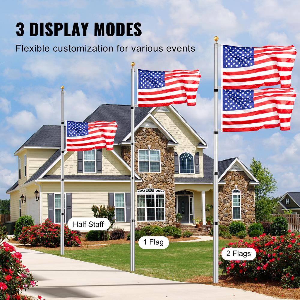 20ft Silver Aluminum Telescoping Garden Flagpole Kit