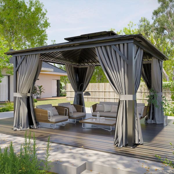 Double Aluminum Roof Hardtop Gazebo 12 ft. W x 10 ft. D with Ceiling Hook, String Lights, Curtains and Netting