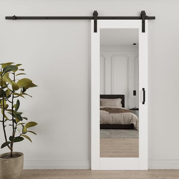 30 in. x 96 in. 1-Lite Mirrored Glass White Primed MDF Wood No Assembly Required Sliding Barn Door with Hardware Kit