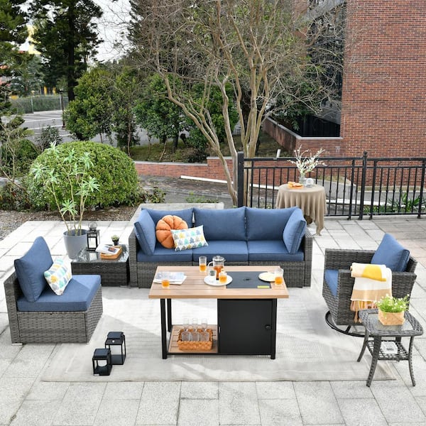 OVIOS Hippish Gray 8-Piece Wicker Outdoor Patio Fire Pit Conversation Set with Denim Blue Cushions and Swivel Rocking Chairs