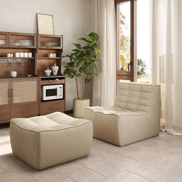 Modern Khaki Linen Upholstered Fireside Accent Side Chair (Set of 2) with Ottoman for Reading Living Room, Apartment