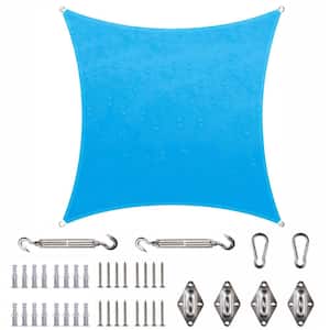14 ft. x 14 ft. Waterproof Blue Square Sun Shade Sail 220 GSM with Hardware Installation Kit
