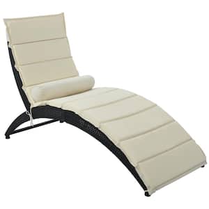 1-Piece Wicker Outdoor Chaise Lounge Sun Lounger Foldable Chair with Beige Removable Cushion