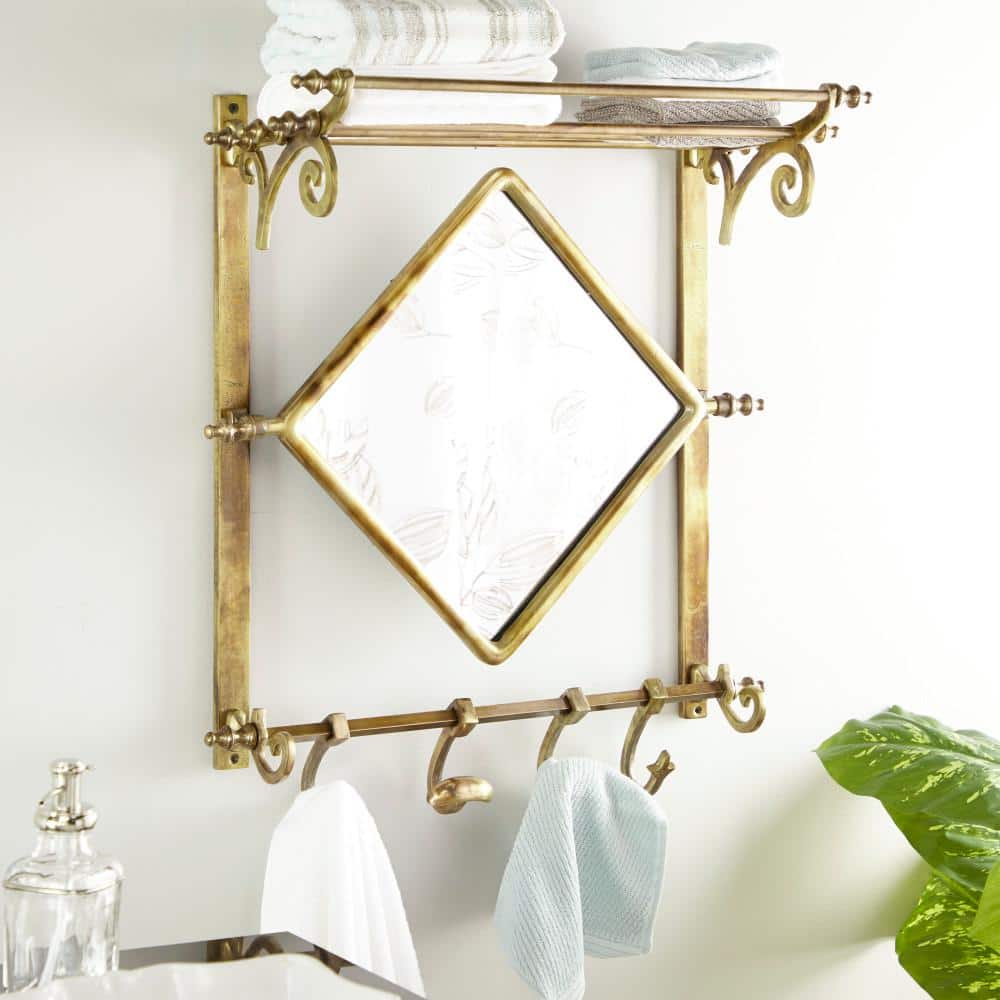 Vintage Brass and Brown Wood 25" Wall Rack with Diamond Mirror and Hooks