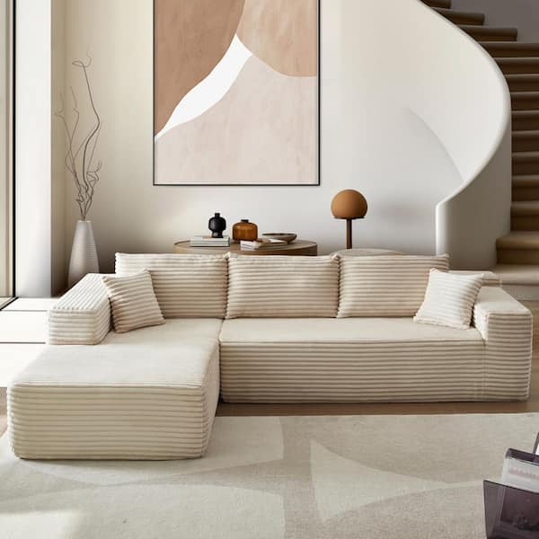 Allwex VIVI 104 in. Wide Arm 2-Piece Plush Corduroy Fabric L-Shape Modular Sectional Sofa in Beige with Left Chaise