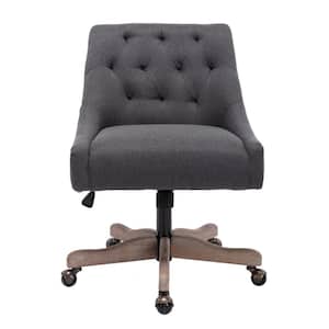 Black Modern Linen Fabric Upholstered Adjustable Swivel Task Chair with Wooden Base