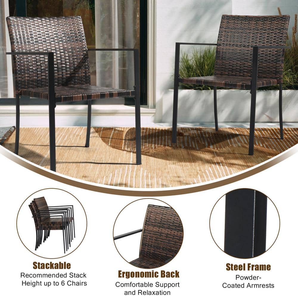 Brown Wicker and Metal Outdoor Dining Armchair Set