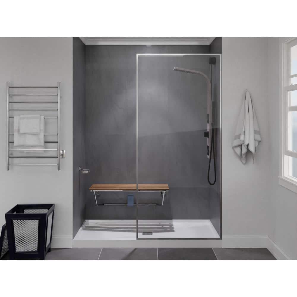Polished Chrome Teak Wood Wall Mounted Folding Shower Seat