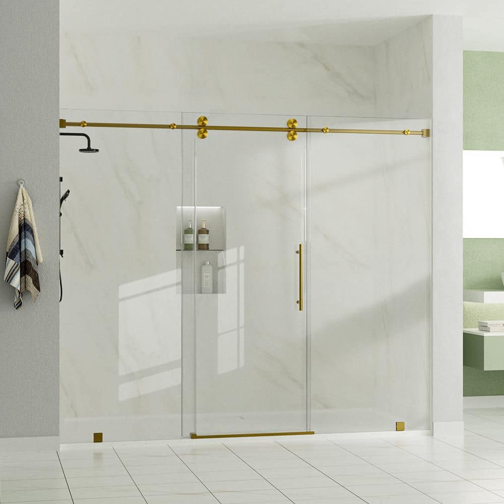 VestaXL 76 in.-80 in. W x 76 in. H Sliding Frameless Shower Door in Brushed Gold with Clear Glass price history on PriceWatchPro