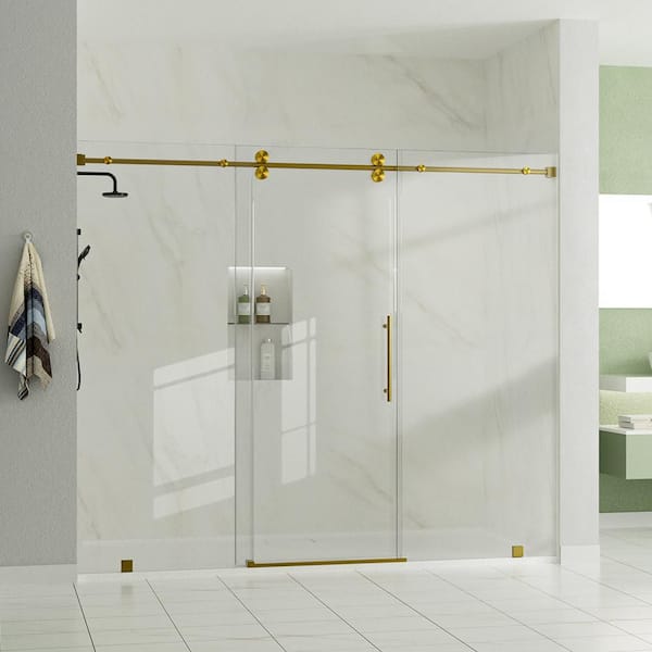 VestaXL 76 in.-80 in. W x 76 in. H Sliding Frameless Shower Door in Brushed Gold with Clear Glass