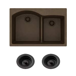 Quartz Classic Drop-in Composite 33 in. Double Bowl Kitchen Sink in Mocha with Color Match Drain