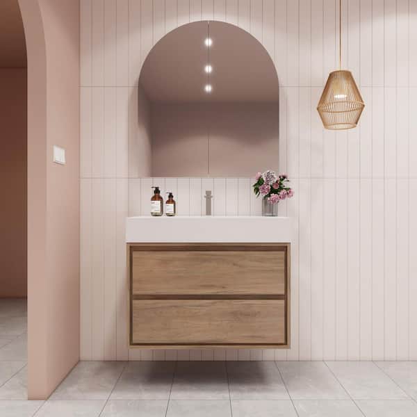 BV Better Vanity Saggie 36 in. W. x 20 in. D x 28 in. H Single Sink Floating Bath Vanity in White Oak with White Acrylic Top