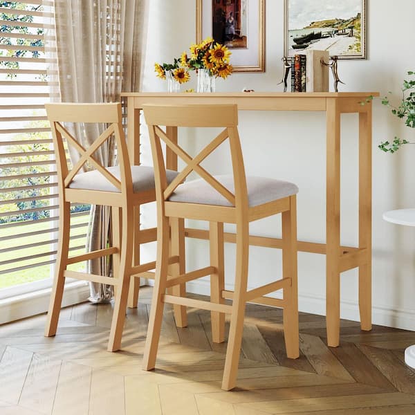 Farmhouse Breakfast Nook 3-Piece Rectangular Natural Light Brown MDF Wood Top Bar Table Set with Upholstered Seats 2