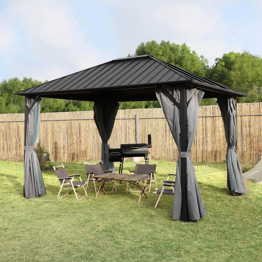 VEIKOUS 12 ft. W x 10 ft. L Aluminum Hardtop Gazebo with Grey Curtains