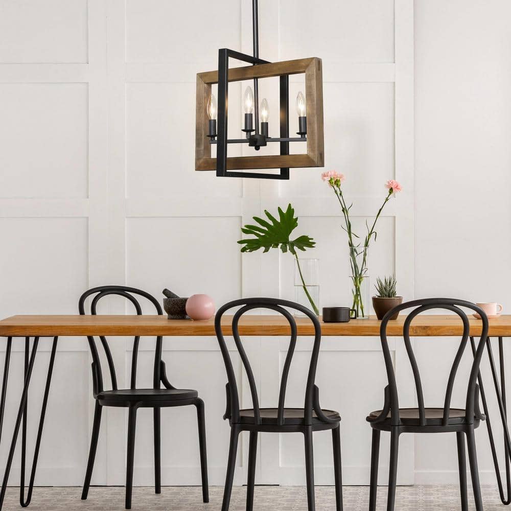 Rustic Wood & Iron 4-Light Black Candelabra Pendant Chandelier