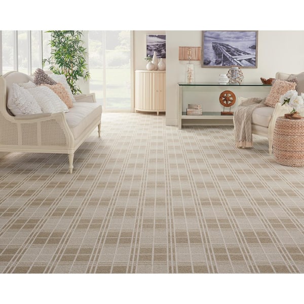 Checkerboard Plains/Ivory Brown 12 ft. 27 oz. Wool Pattern Installed Carpet