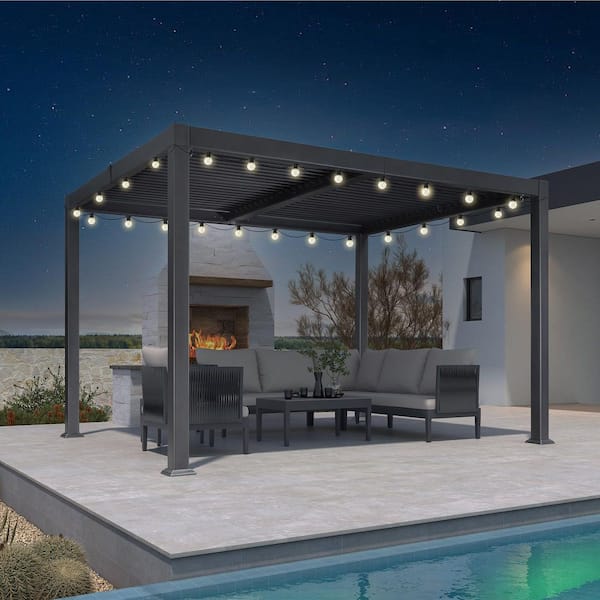 PURPLE LEAF 10 ft. x 12 ft. Gray Aluminum Patio Louvered Pergola Hardtop Gazebo with Adjustable Sunshade Roof and String Lights