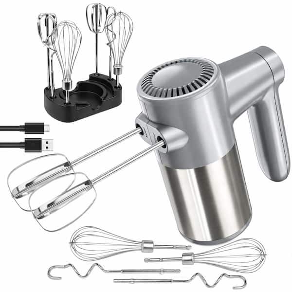 Cordless Hand Mixer with Digital Display, 7 Speeds, 6 Stainless Steel Attachments and Storage Base, Silver