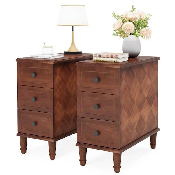 TRIBESIGNS WAY TO ORIGIN Calvin 11.81 in. W Assembled 3-Drawers Narrow Rectangle MDF Brown Wood Bedside End Side Table Set 2 Nightstand 2-Pieces