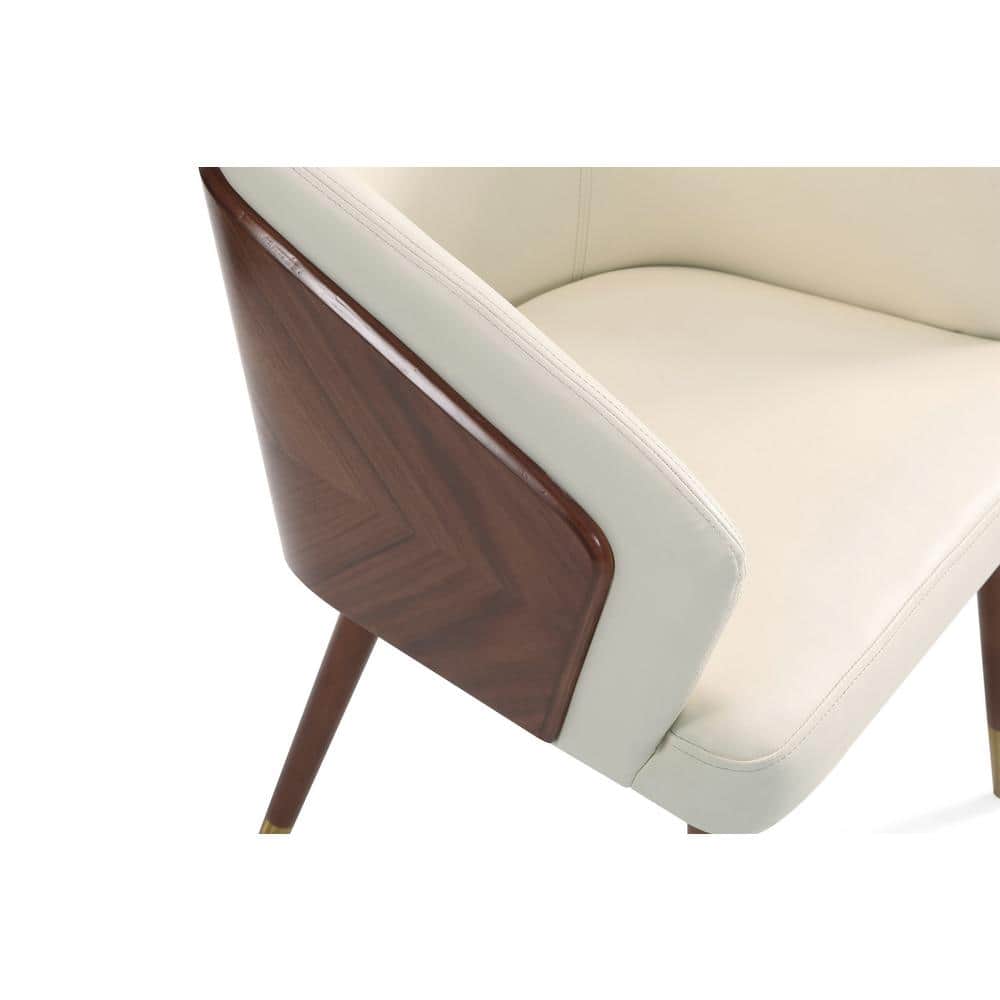 Cream Faux Leather Upholstered Arm Chair with Walnut Legs
