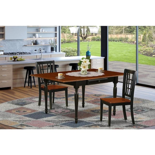 East West Furniture 3-Piece Black and Cherry Finish Solid Wood Top with Dropleaf Dining Table Set