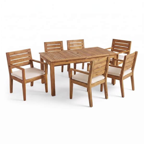 7-Piece Rectangle Natural Solid Wood Top Outdoor Dining Table Set with Beige Cushion Seats 6