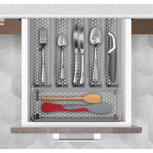 Spectrum Hexa Stone Gray 6-Divider Expandable Silverware Tray, Easy-to-Clean Modern Kitchen Storage and Cutlery Utensil Holders