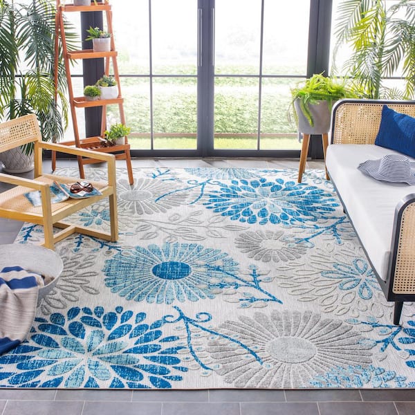 Cabana 11 ft. x 11 ft. Square Gray/Blue Floral Leaf Indoor/Outdoor Area Rug