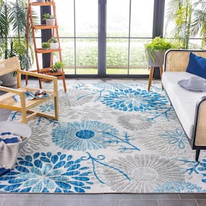 Cabana Gray/Blue 7 ft. x 7 ft. Floral Leaf Indoor/Outdoor Patio  Square Area Rug