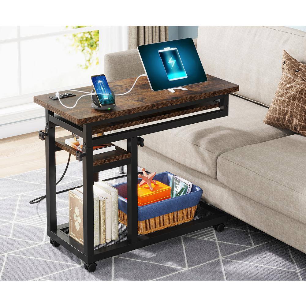 Kerlin 31.5 in. Rustic Brown Adjustable C-Shaped End Table with Power Outlets and Wheels